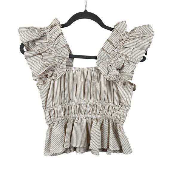 Aureum Striped Ruffle Top Size Small Cream Tan Elastic Smocked Peplum Tank - Picture 2 of 9